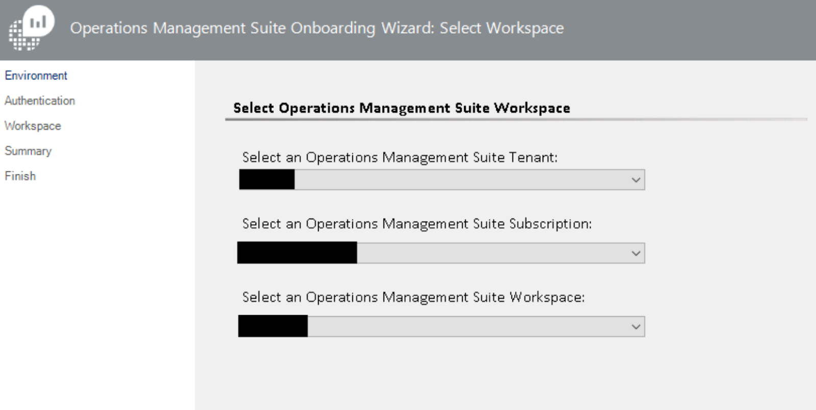 Operations Management Suite Onboarding Wizard: Select Workspace